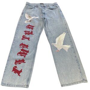 Boohoo Light Blue Straight Jeans with Red and White Accents